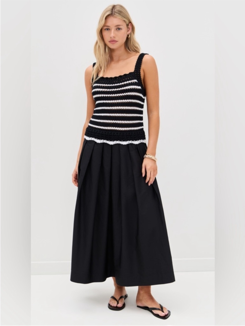 NWT madewell knit and poplin midi dress black and White combo Striped Crochet - Picture 2 of 8